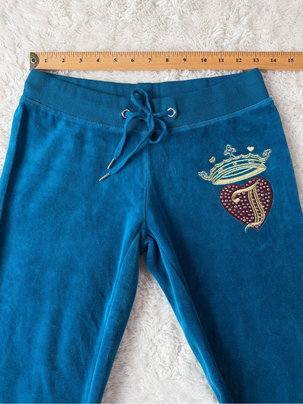 VTG Y2K 90s Juicy Couture Woman Teal Velvet Rhinestone Logo Bootcut Track Pants - Picture 8 of 9